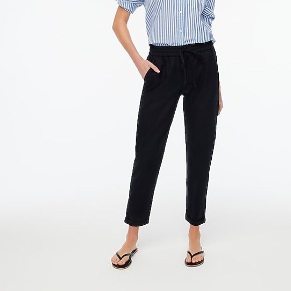 Black. Linen/Cotton. Sits Below Waist. Easy Through Hip And Thigh, With A Straight Leg. 26" Inseam. Drawstring Closure. Slant Pockets. Machine Wash. Grey Slacks, Look Summer, Ankle Dress Pants, Pant For Women, Wide Leg Linen Pants, Linen Trousers, J Crew Factory, Striped Linen, Pants Straight