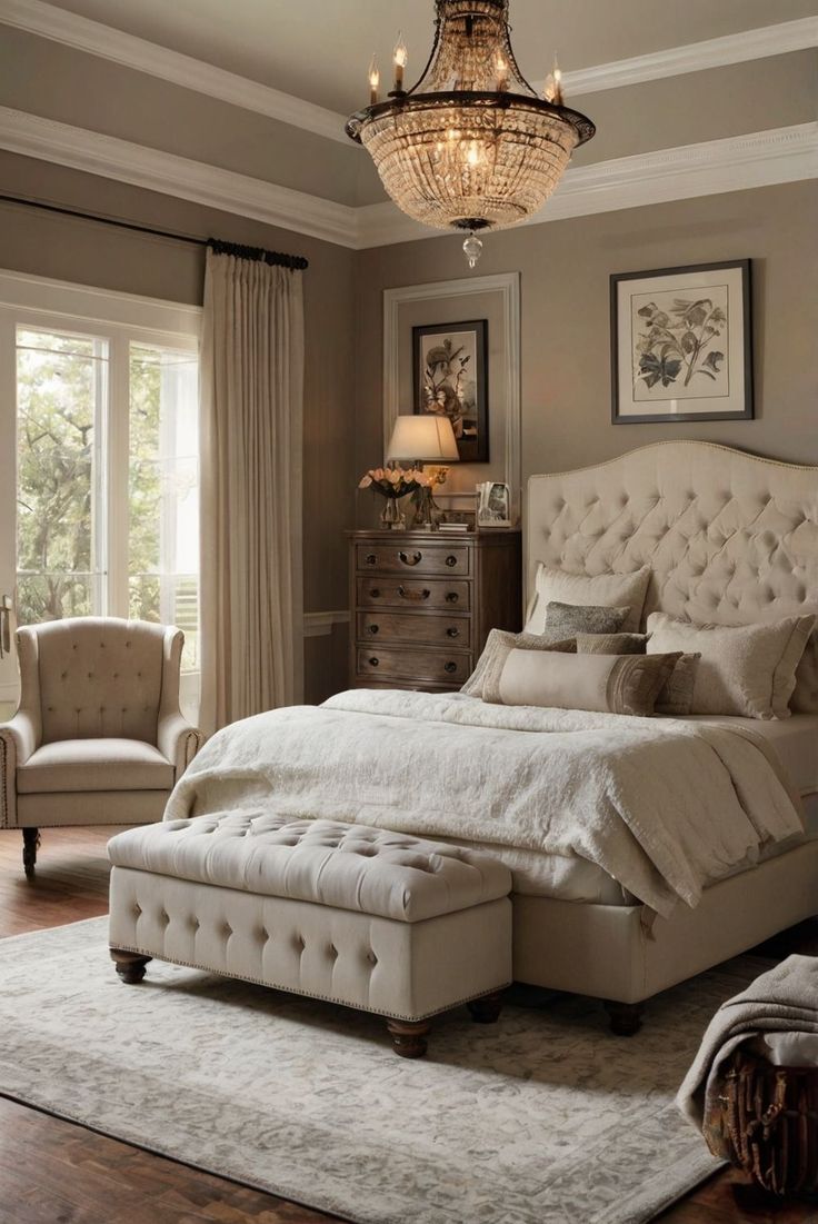 a bedroom with a bed, chair and chandelier in the middle of it