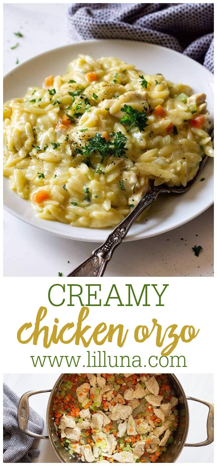 creamy chicken orzo with broccoli and carrots is an easy dinner idea