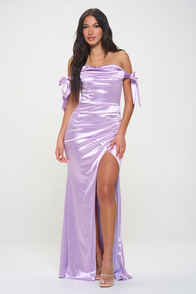 Fitted Off-shoulder Prom Dress, Purple Fitted Dress For Gala, Purple Fitted Gala Dress, Purple Floor-length Maxi Dress With Ruched Bodice, Fitted Floor-length Bridesmaid Dress For Spring, Spring Fitted Floor-length Bridesmaid Dress, Purple Ruched Dress With Fitted Bodice, Purple Fitted Off-shoulder Gown, Purple Fitted Strapless Dress