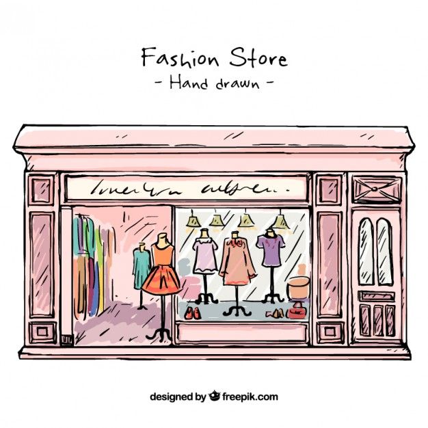 a fashion store with mannequins and dresses in the front window, hand drawn