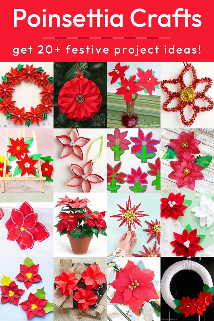 paper poinsettia crafts with text overlay that says, get 20 festive project ideas