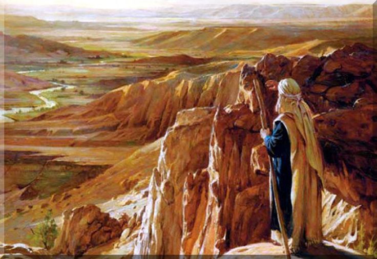 a painting of a man standing at the edge of a cliff looking out over a valley