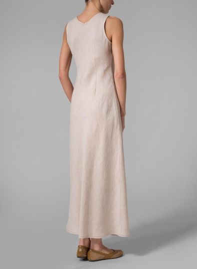 Linen Bias Cut Sleeveless Long Dress Spring Classic Sleeveless Maxi Dress, Classic Sleeveless Maxi Dress For Spring, Classic White Sleeveless Evening Dress, Sleeveless Beige Maxi Dress For Wedding, Cream Sleeveless Maxi Dress For Party, Elegant Fitted Beige Linen Dress, Chic Sleeveless Cream Maxi Dress, Sleeveless Beige Midi Evening Dress, Elegant Beige Maxi Sleeveless Dress