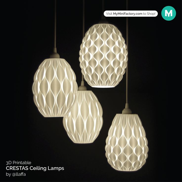 three white lamps hanging from a ceiling in the dark with text overlay that reads 3d printable cristas ceiling lamps