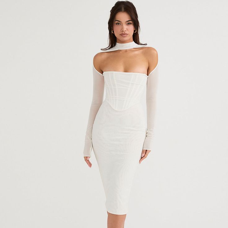 Corset Couture Bodycon Midi Dress Bodycon Midi Dress, Mesh Sleeves, Bodycon Midi, Corset Style, Cutout Dress, Halloween Dress, Midi Dress Bodycon, Modern Chic, Glamorous Evening Gowns