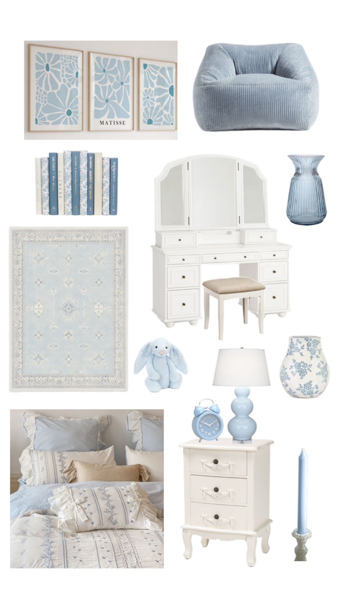 a collage of blue and white items including a bed, dresser, chair, mirror, lamp, table