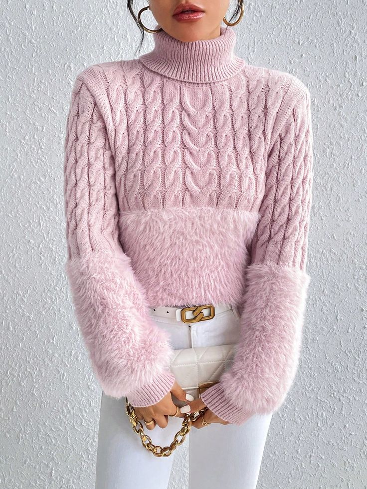 Turtleneck Fuzzy Panel Cable Knit Sweater Pink Casual  Long Sleeve Knitwear Plain Pullovers High Stretch  Women Clothing, size features are:Bust: ,Length: ,Sleeve Length: Navy Blue Sweater Outfit, Winter Pullover Outfits, Sweater Dress Outfit Winter, Turtleneck Layering, Winter Sweater Outfits, Sweater Dress Outfit, Spring Knits, Thick Sweater, Pullover Outfit