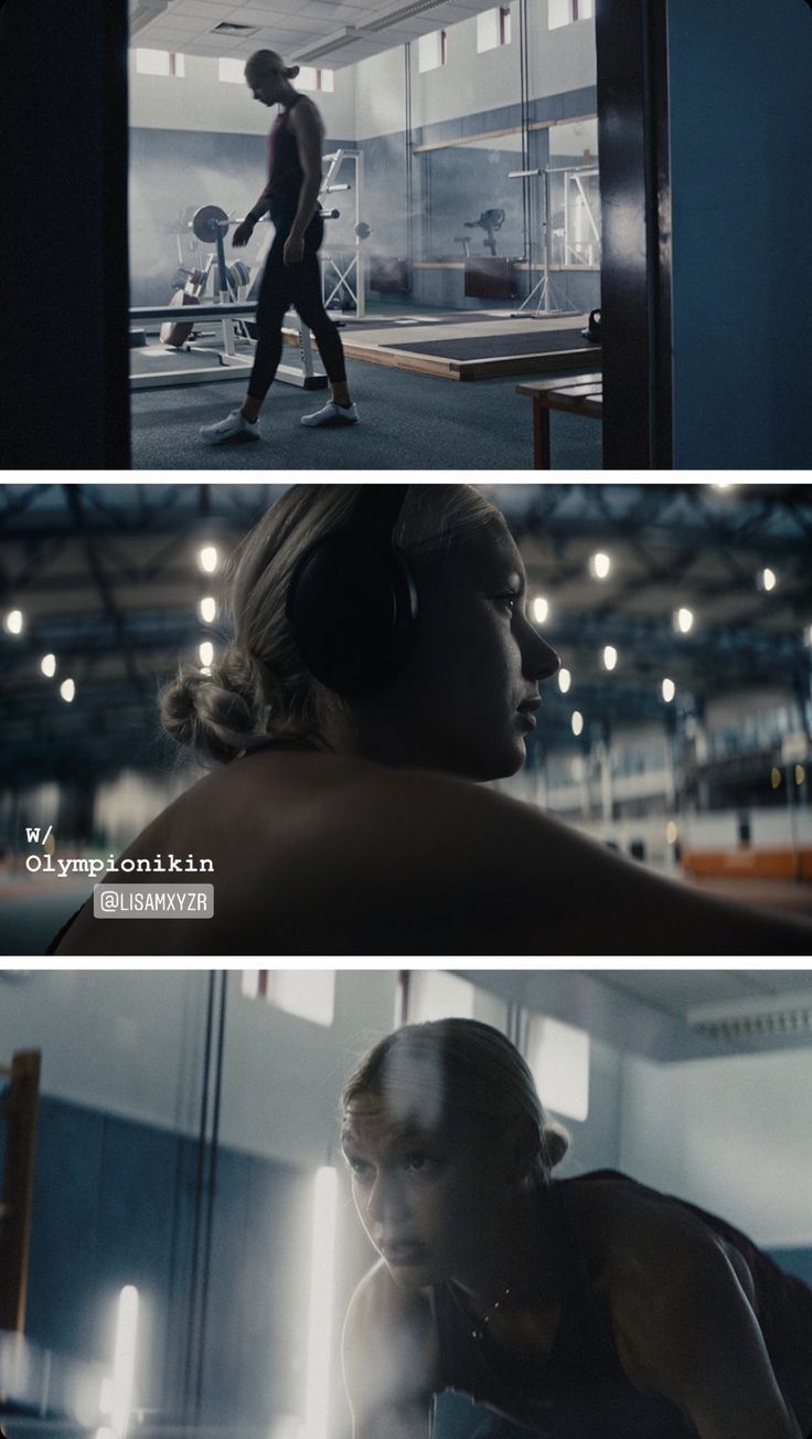 two different scenes from the same movie, one with a woman in headphones and another with