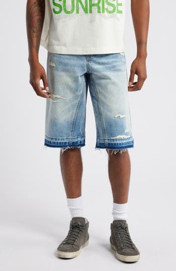 Well-faded nonstretch denim brings an old-favorite look and feel to shorts decorated with ocean-wave embroidery and relaxed with unrolled, threadbare hems. 14" inseam; 23" leg opening; 12 1/2" front rise; 16" back rise (size 32) Zip fly with button closure Five-pocket style 100% cotton Machine wash, line dry Imported Summer Cutoff Rigid Denim Bottoms, Summer Cutoff Rigid Denim Jeans, Casual Rigid Denim Cutoff Bottoms, Summer Mid-rise Rigid Denim Jean Shorts, Faded Rigid Denim Bottoms For Summer, Mid-rise Rigid Denim Jean Shorts For Summer, Summer Washed Blue Rigid Denim Bottoms, Summer Medium Wash Rigid Denim Bottoms, Washed Blue Rigid Denim Summer Bottoms