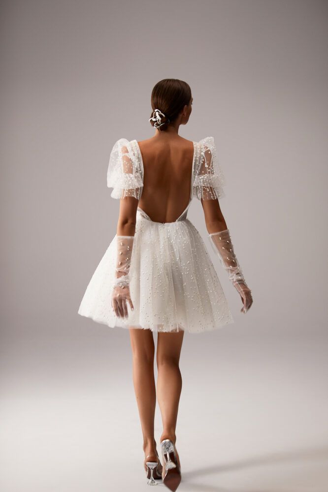 the back of a woman's dress with sheer sleeves