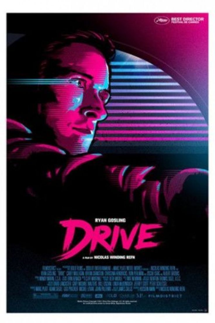 a movie poster with the title drive written in pink and blue on top of it