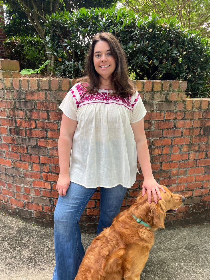 These beautiful blouses feature hand embroidery at the top and on the back. The material is very light and breezy. The portion at the bottom is pleated and flows out in an a-line shape. You may want to wear a tank underneath but I don't find them to be super transparent. Measurements: Measures 24" from underarm to underarm, Length 29.5" The embroidered portion is above the bust so it gives a lot of loose room to fit many bust sizes. These tops are handmade in Mexico. Care instructions: Please do Summer Embroidered Blouse For Day Out, Summer Peasant Top With Relaxed Fit, Casual Beach Peasant Top With Floral Embroidery, Floral Embroidered Short Sleeve Top For Day Out, Flowy Peasant Tunic Top For Summer, Relaxed Fit Peasant Tops For Vacation, Casual Beach Tops With Embroidered Hem, Relaxed Fit Peasant Top For Summer Vacation, Casual Tunic Peasant Top For Summer