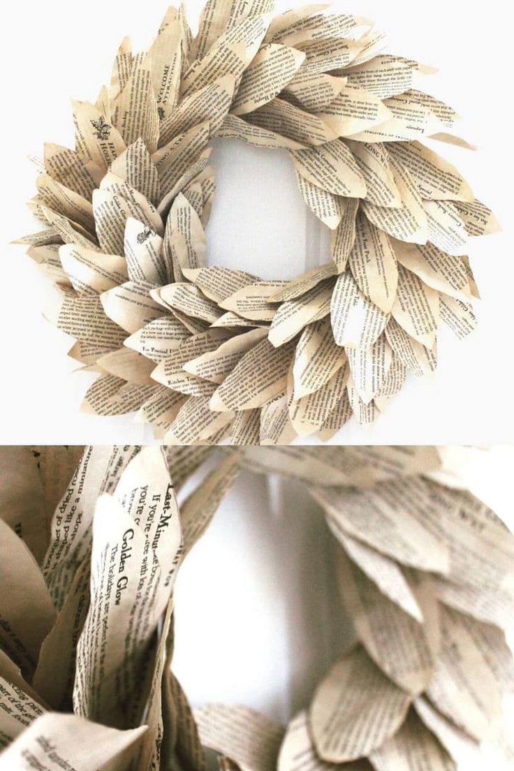 a wreath made out of old newspaper is shown in the shape of an ornament