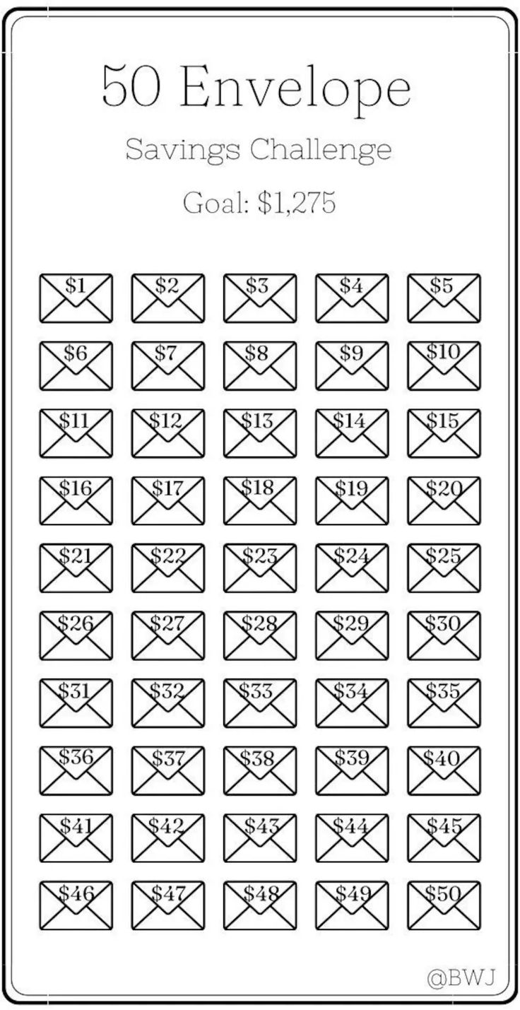 the 50 envelope savings challenge is shown in this black and white poster, which shows how to