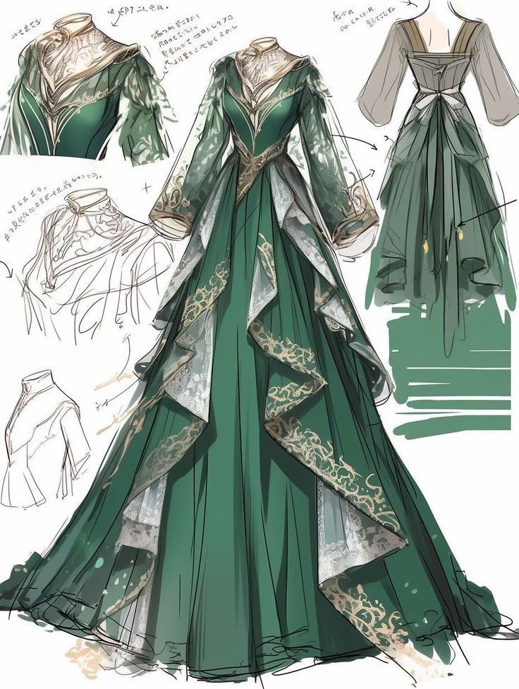 Green Fantasy Dress, Slytherin Dress, Dreamy Gowns, Old Fashion Dresses, Clothing Design Sketches, Fantasy Dresses, Fashion Drawing Dresses, Dress Design Sketches, Fashion Illustration Dresses