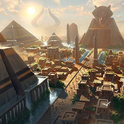 an artist's rendering of a futuristic city surrounded by pyramids and other structures