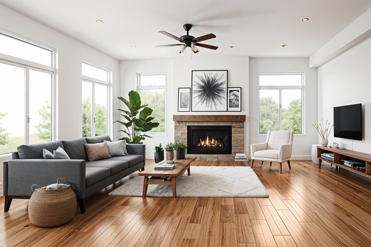 a living room filled with furniture and a flat screen tv mounted on a wall next to a fire place