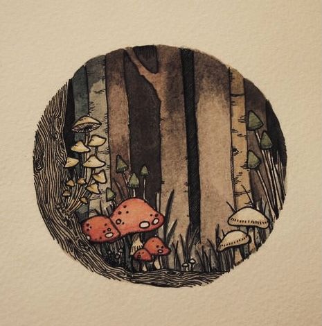 a drawing of mushrooms in the woods