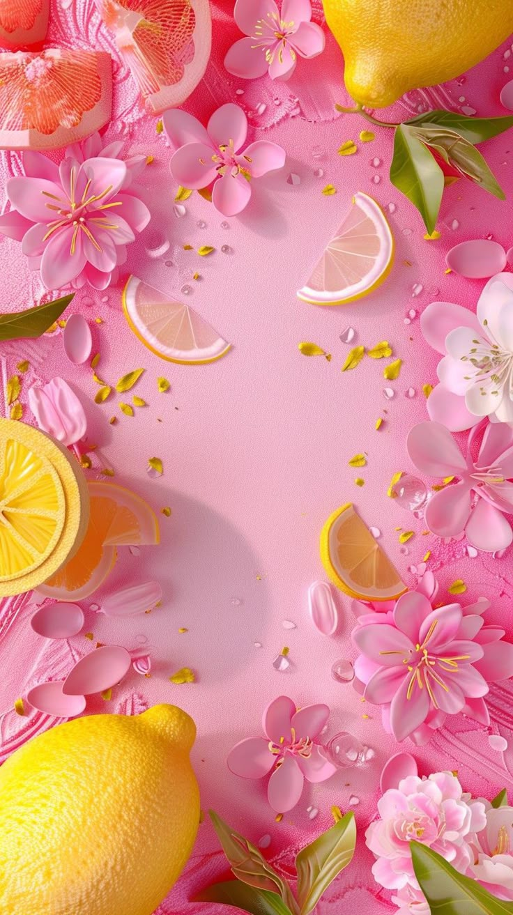 a pink background with lemons, oranges and flowers