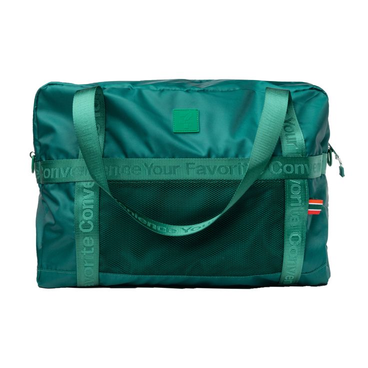 Meet the 7-Eleven® Weekender Duffle Bag: Your ideal travel partner for those on-the-go moments. This green bag features eye-catching webbing, proudly declaring "your favorite convenience," making it a stylish statement piece. Whether it's a weekend escape or daily excursions, this spacious and fashionable duffle bag is Green Travel Bag For On-the-go, Green Tote Weekender Bag For On-the-go, Green Travel Shoulder Bag, Functional Weekend Bags With Zipper Closure, Functional Green Travel Accessories For Everyday Use, Functional Zipper Closure Weekend Bags, Green Shoulder Bag With Zipper For Travel, Functional Green Travel Accessories For On-the-go, Green Travel Accessories With Removable Pouch