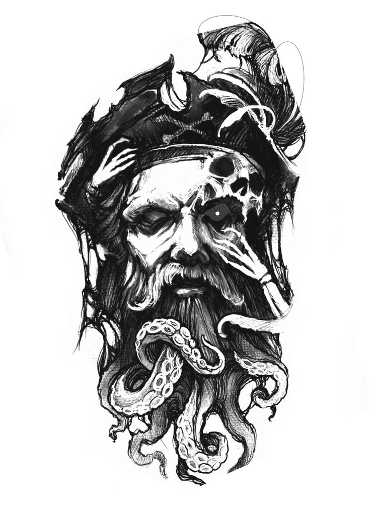 a black and white drawing of a bearded pirate with an octopus on his chest, wearing a hat