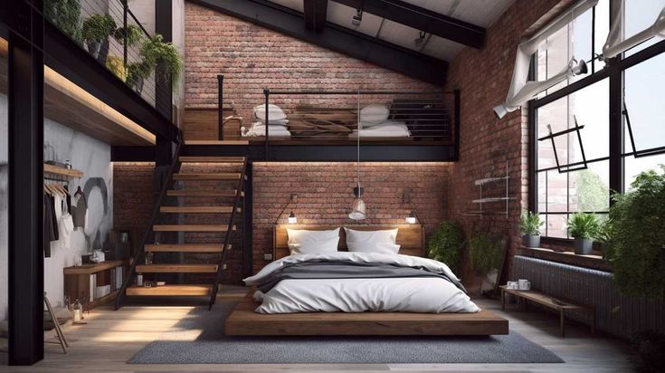 a bedroom with brick walls and stairs leading up to the loft bed in the middle