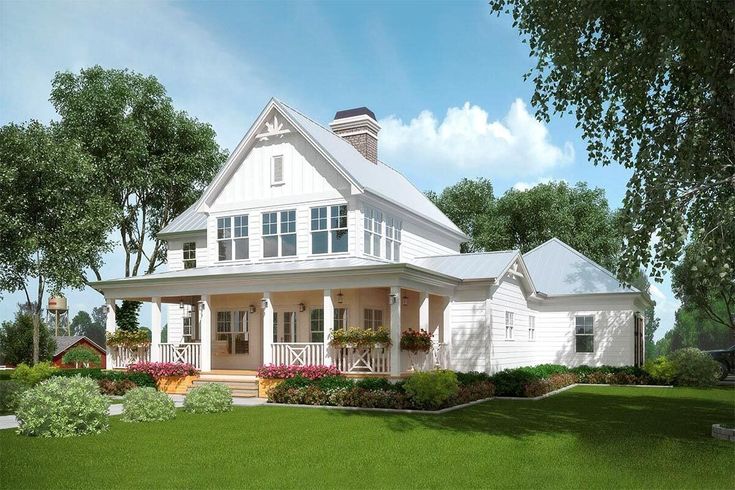 a rendering of a white house with porches and flowers on the front lawn, surrounded by trees