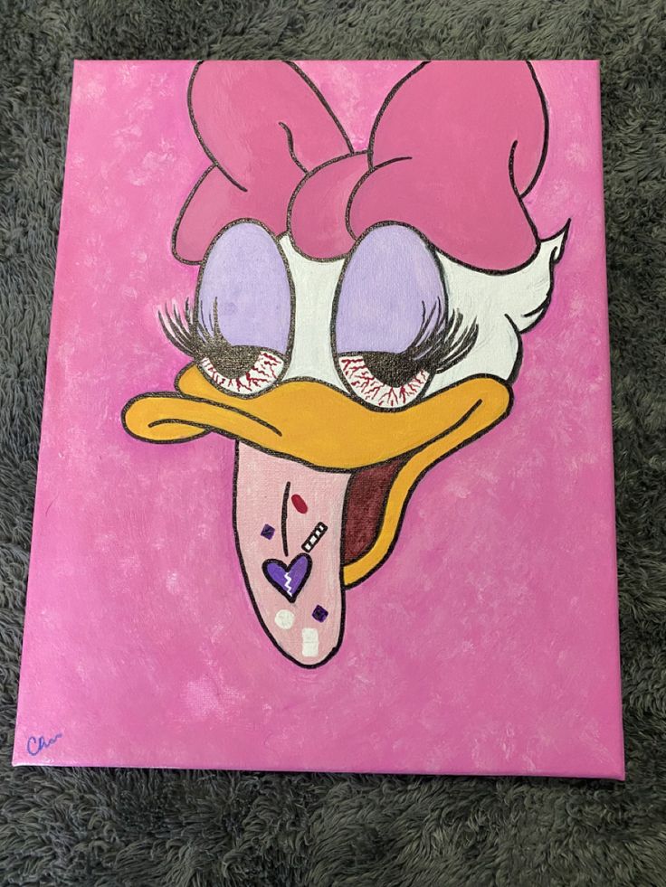 a painting of a cartoon duck with big eyes and pink bow on it's head