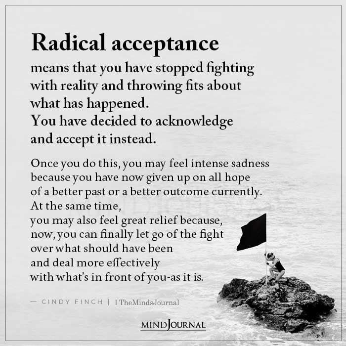 a black and white photo with the words radical acceptance on it, in front of an image of a person sitting on a rock