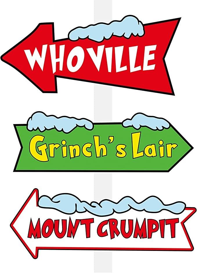 three signs pointing in different directions with the words grin's lar and mout crumpt