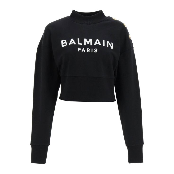 Balmain Crew Neck Sweatshirt In Cotton French Terry, Featuring Signature Embossed Gilt Buttons On The Left Shoulder And Contrast Logo Print On The Front. Regular Fit. The Model Is 177 Cm Tall And Wears A Size Xs.Material: 100% CoMade In: PortogalloColor: BlackCollection: Spring - Summer 2023Af1jo040bb02 Luxury Crew Neck Top With Ribbed Collar, Luxury Black Sweatshirt With Embroidered Logo, Black Luxury Sweatshirt With Letter Print, Luxury Long Sleeve Logo Sweatshirt, Luxury Logo Long Sleeve Sweatshirt, Black Luxury Tops With Logo, Luxury Black Tops With Logo, Luxury Black Top With Logo, Luxury Tops With Logo Detail For Fall