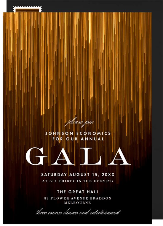 a black and gold wedding card with the word gala in white on it, surrounded by golden