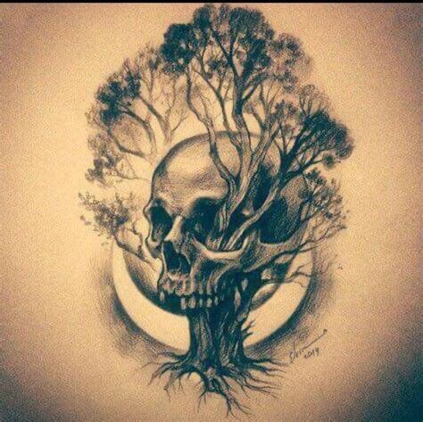 a drawing of a tree with a skull on it