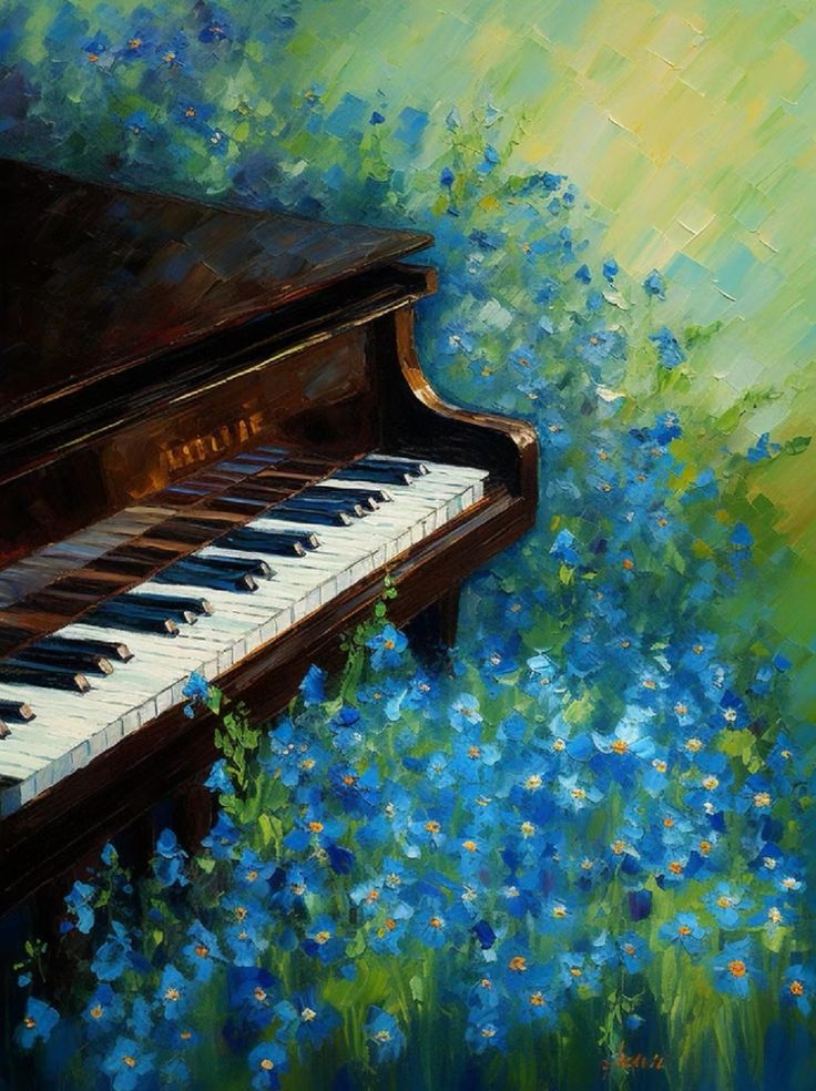 an oil painting of a piano and blue flowers