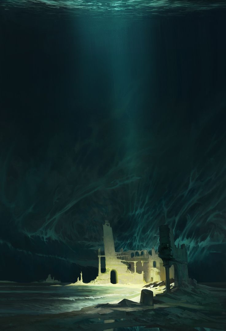 an underwater scene with a castle in the middle of the water and light coming from below