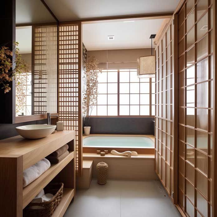 a bathroom with a jacuzzi tub and wooden shelves