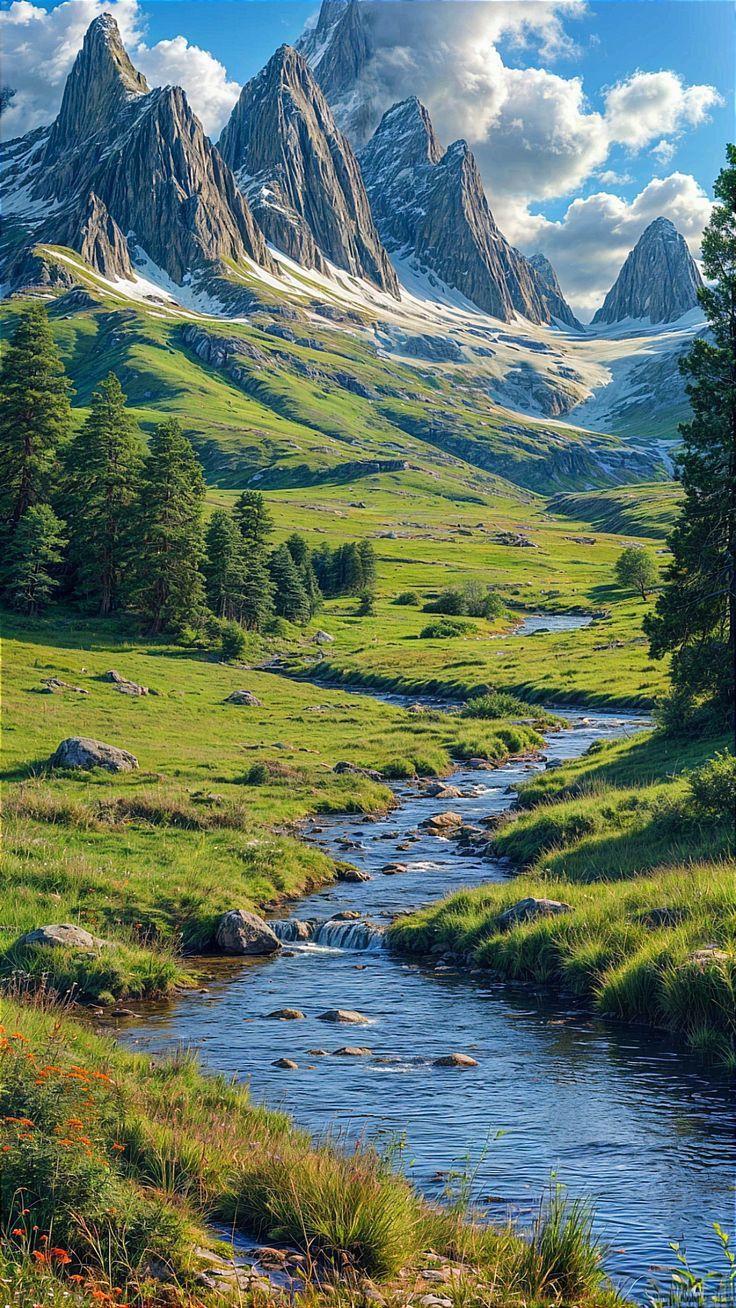 a stream running through a lush green field next to tall mountain covered in snow and clouds