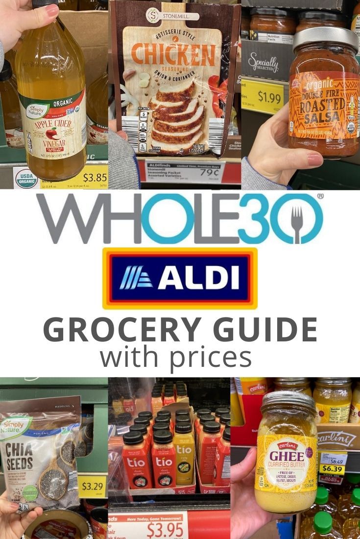 the grocery guide for whole 30 is displayed in front of shelves with various foods and condiments