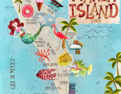 an illustrated map of the island with words and pictures on it, including palm trees