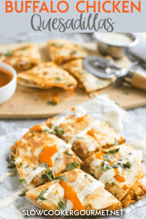 chicken quesadillas on a cutting board with sauce in the background and text overlay