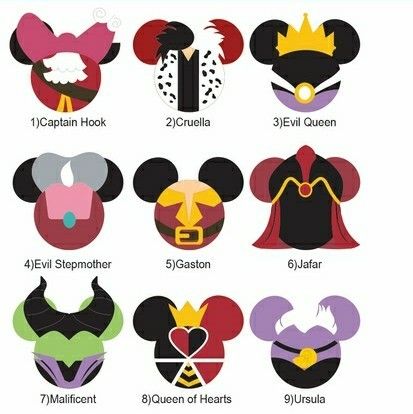 mickey mouse ears with their names in different colors and sizes, including one for each disney character