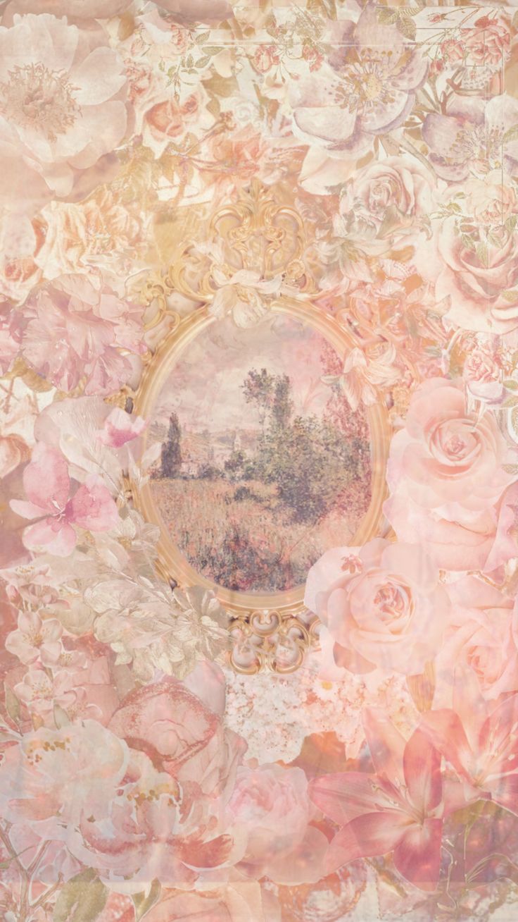 a painting with flowers on it and an oval frame in the middle is surrounded by pink roses