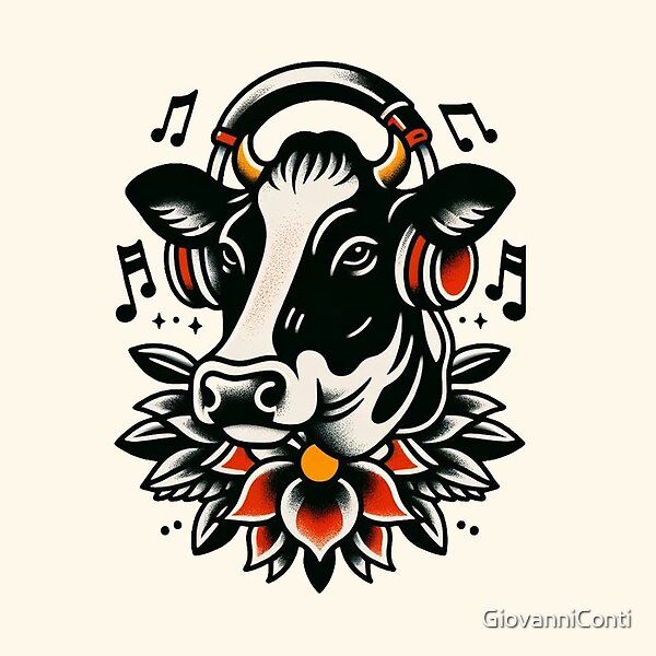 a bull with headphones and music notes around it's neck, on a white background