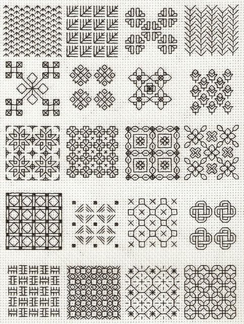 the cross stitch pattern is shown in black and white, with different designs on it