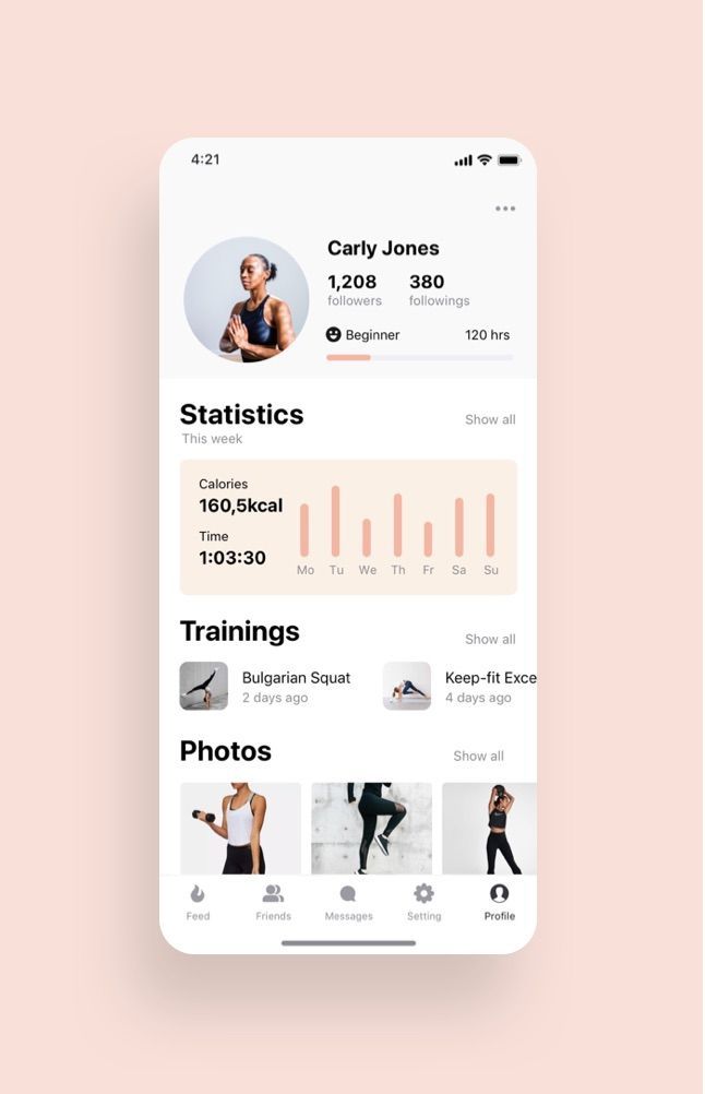 an iphone screen showing the user's profile on her workout app, which is displayed in