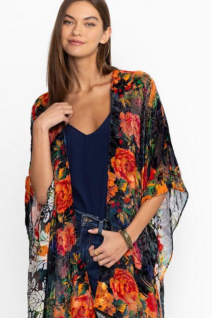 Crafted from a unique silk blend, the Burnout Velvet Shawl is washed in a vibrant floral pattern. Featuring an open front and a waterfall silhouette, this lightweight layering piece adds a hint of drama to your look. Layer over fitted legging and a long sleeve mock-neck top for a polished look. Johnny Was Women's Burnout Velvet Shawl in Catalina Blue Burnout, Silk, Floral Fitted Floral Print Kimono, Spring Floral Print Fitted Kimono, Fitted Floral Print Kimono For Spring, Fitted Floral Kimono For Festival, Fitted Silk Kimono With Floral Print, Silk Floral Print Kimono For Festivals, Fitted Multicolor Silk Kimono, Bohemian Silk Kimono With Floral Print, Silk V-neck Kimono With Floral Print