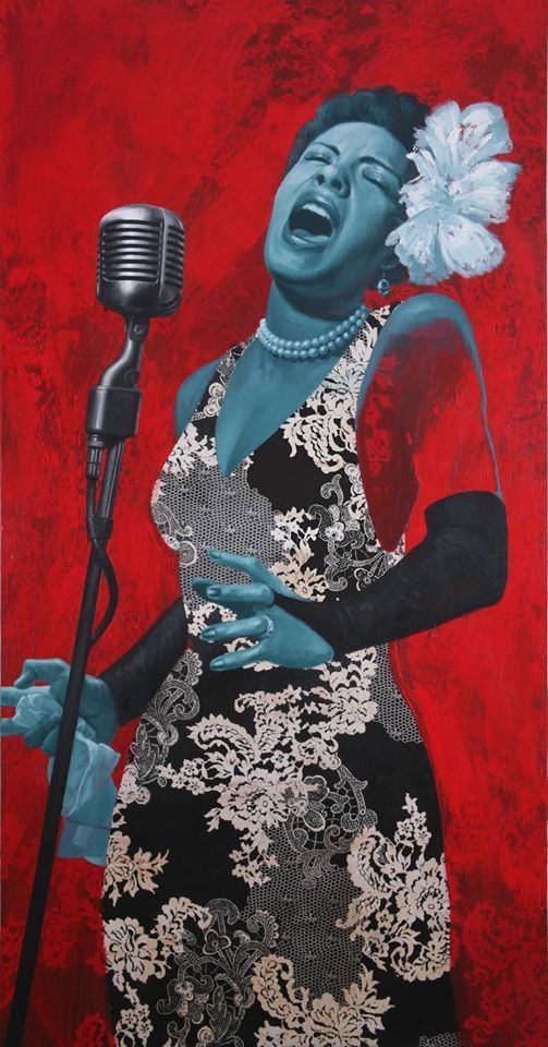 a painting of a woman singing into a microphone and holding a flower in her hair