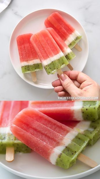 two pictures of different popsicles on a plate