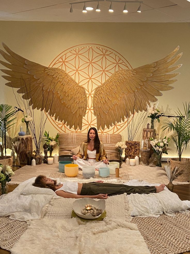 sound healing, mindfulness, meditation, shine sedona, community, healing, expansion, mind, body, spirit, shine sedona, arizona, angel wings, healing Healing Room Ideas, Sala Zen, Meditation Room Design, Yoga Room Design, Spiritual Room, Reiki Room, Bar In Casa, Meditation Room Decor, Healing Room